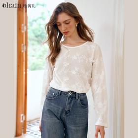 
OLrain欧芮儿法式蕾丝雪纺衫女早秋镂空设计感简约宽松长袖上衣