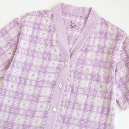 纯棉短袖家居服女春夏薄款双层纱格子过膝七分裤睡衣套装 商品图5