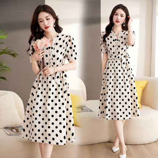 宽松系带高腰，雪纺波点连衣裙 HR-XXL6805 商品图1