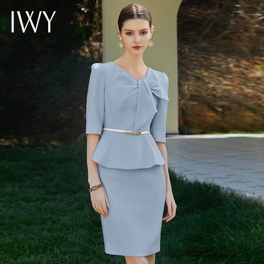 IWY/时尚工作服假两件显瘦荷叶边西装连衣裙中袖职业装ol修身Q929-L 商品图0