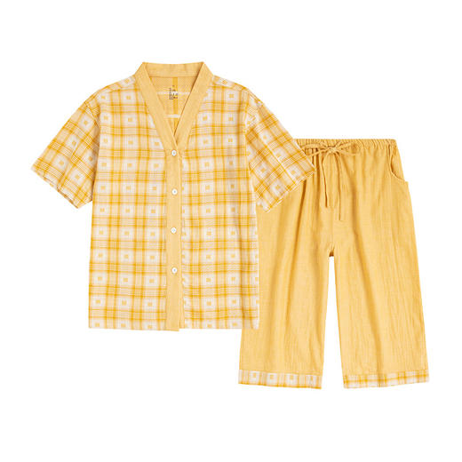 纯棉短袖家居服女春夏薄款双层纱格子过膝七分裤睡衣套装 商品图4