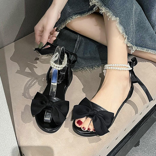 【超仙❗️法式珍珠网纱凉鞋】舒适又柔软， 如同踩在云端般的触感，wu敌好穿❗️女夏季2025年新款平底蝴蝶结仙女罗马沙滩鞋ins 商品图2