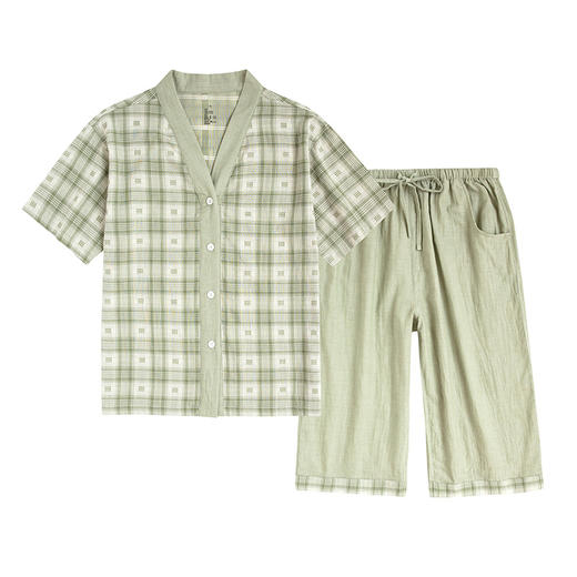 纯棉短袖家居服女春夏薄款双层纱格子过膝七分裤睡衣套装 商品图2