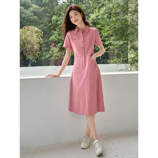 【专属特价】熙世界工装风短袖粉色牛仔连衣裙夏季休闲显瘦开叉翻领衬衫裙子 商品图3