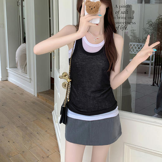 西遇S辣妹假两件背心T恤女夏季新款早秋红色纯欲轻熟风上衣SS140121 商品图4