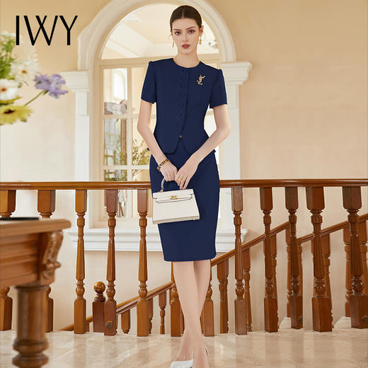 IWY/夏季新款藏蓝色短袖连衣裙夏气质时尚通勤干练假两件职业装CS2026 商品图1