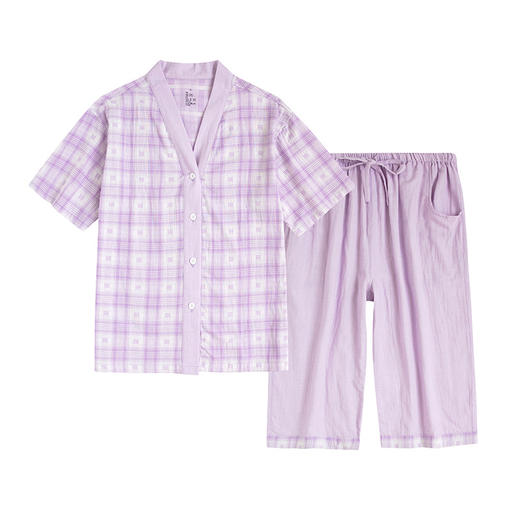 纯棉短袖家居服女春夏薄款双层纱格子过膝七分裤睡衣套装 商品图3