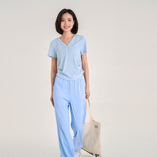 【天丝+羊毛】V领纽扣短袖T 腰部松紧显腰细 羊毛修身短袖上衣 商品图8