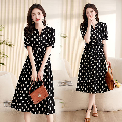 宽松系带高腰，雪纺波点连衣裙 HR-XXL6805 商品图3