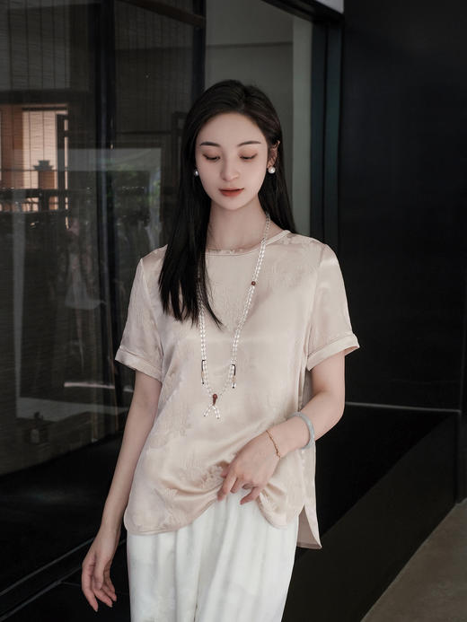 微瑕秒杀 |盛唐婧 |真丝冠乐皱简约百搭上衣-粉色[特价品](特殊商品不退不换) 商品图1