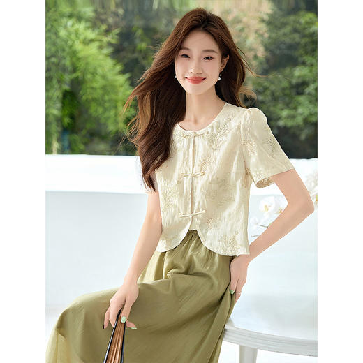 【专属特价】熙世界国风绣花盘扣上衣天丝半身裙子套装夏季新中式上下两件套 商品图2
