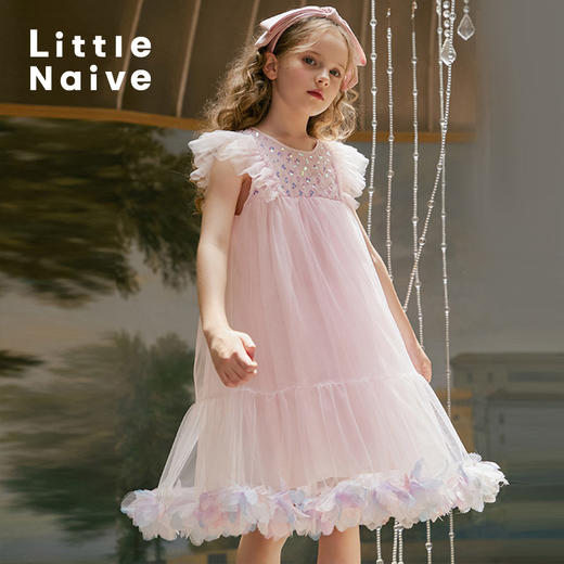 【云优选】LittleNaive女童连衣裙无袖花朵网纱飞袖童装公主裙儿童纱裙 商品图0