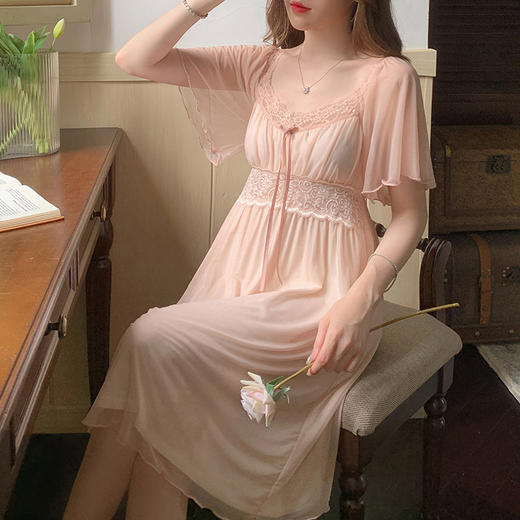 【甜美蝴蝶结宫廷睡裙】夏甜美绑带蕾丝花边睡裙，蕾丝网纱，仙女温柔蝴蝶结带胸垫可外穿纯欲风网纱睡裙 商品图5