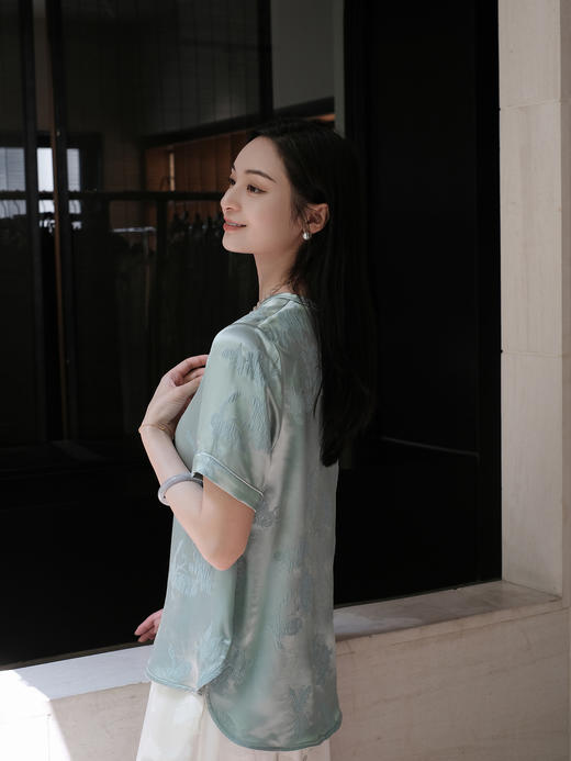 盛唐婧 |真丝冠乐皱简约百搭上衣-蓝色 商品图2