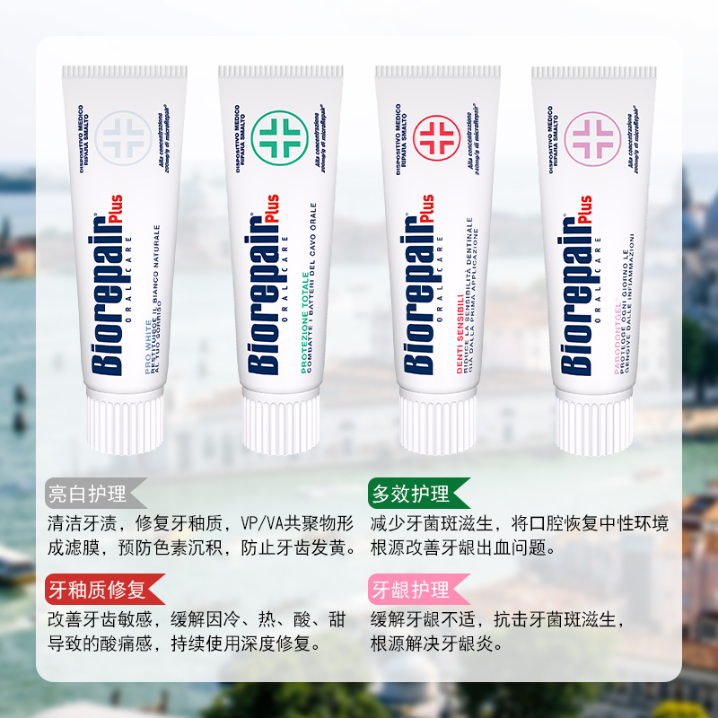 意大利贝利达牙釉质修复+多效护理牙膏原装进口75ml/支，总计4支提货券