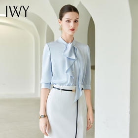 IWY/蓝色法式飘带领短袖衬衫通勤干练轻奢时尚轻薄百搭职业装B513-L