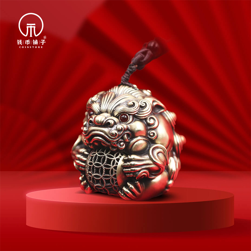 貔貅镂空钱币球黄铜手把件（可转动）