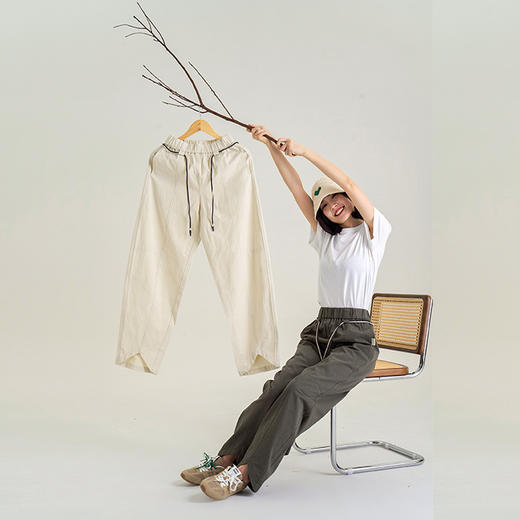 【80%棉 20%天丝】直筒镰刀裤 松紧腰撞色抽绳 脚口弧形倒V 显高显瘦休闲裤 商品图9