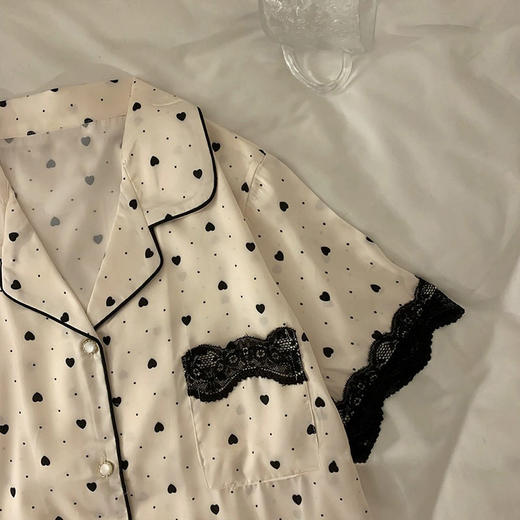 【韩系ins高级感冰丝睡衣套装】夏季薄款韩系ins高级感冰丝春睡衣，蕾丝花边点缀版型不挑身材，女爱心开衫可外穿家居服两件套qq 商品图6