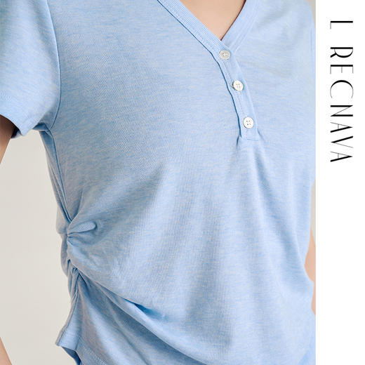 【天丝+羊毛】V领纽扣短袖T 腰部松紧显腰细 羊毛修身短袖上衣 商品图6