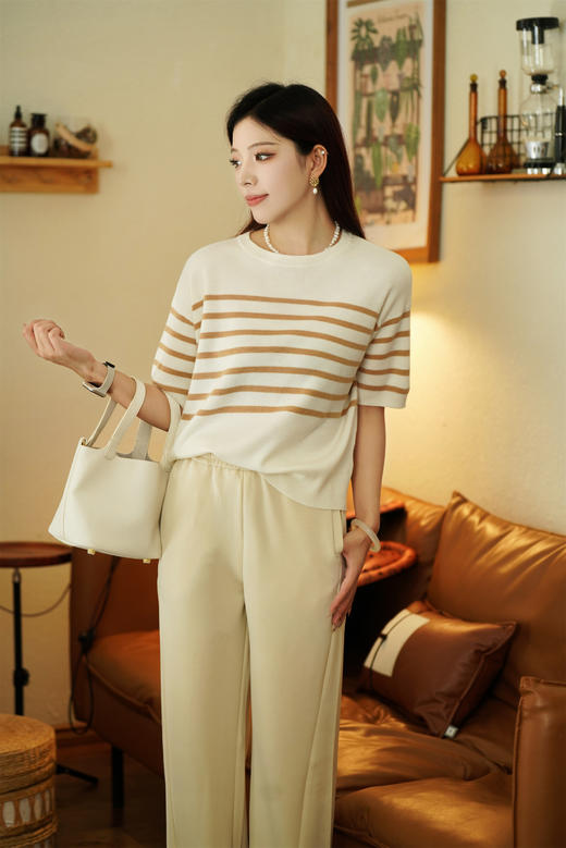 【从简条纹T】臣禾圆领短袖针织T恤JZ241090109【金猪甄选】 商品图1