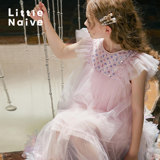 【云优选】LittleNaive女童连衣裙无袖花朵网纱飞袖童装公主裙儿童纱裙 商品图4