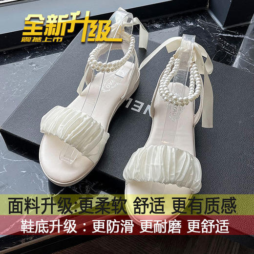 【超仙❗️法式珍珠网纱凉鞋】舒适又柔软， 如同踩在云端般的触感，wu敌好穿❗️女夏季2025年新款平底蝴蝶结仙女罗马沙滩鞋ins 商品图5