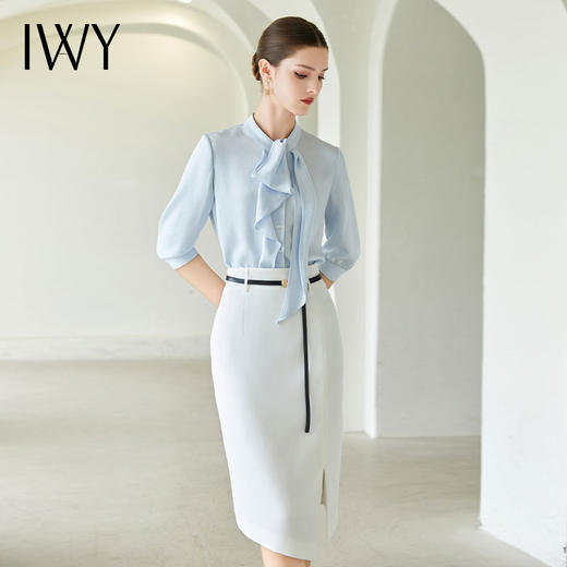 IWY/蓝色法式飘带领短袖衬衫通勤干练轻奢时尚轻薄百搭职业装B513-L 商品图3