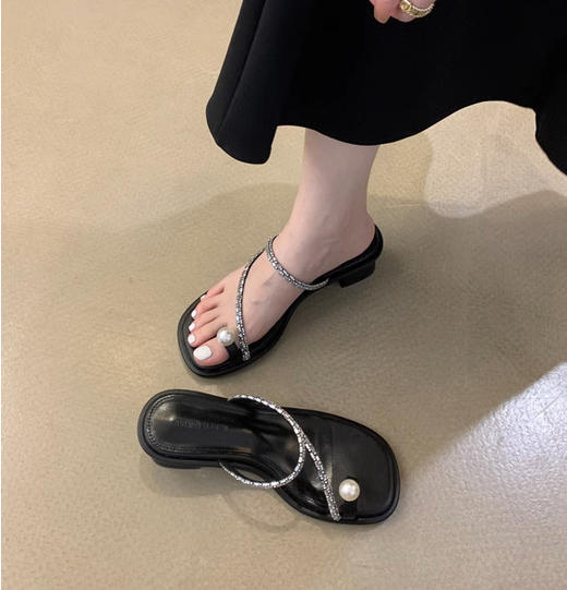 【轻奢小众系列！一字细带水钻高跟凉拖】时尚舒适百搭，上班族通勤凉鞋，舒适不累脚珍珠套趾凉鞋L 商品图5