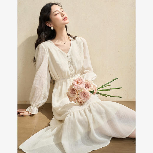 温柔白月光肌理花边长袖连衣裙女V领收腰A摆连衣裙V2942239 商品图4