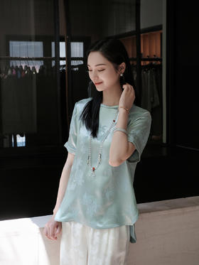 盛唐婧 |真丝冠乐皱简约百搭上衣-蓝色