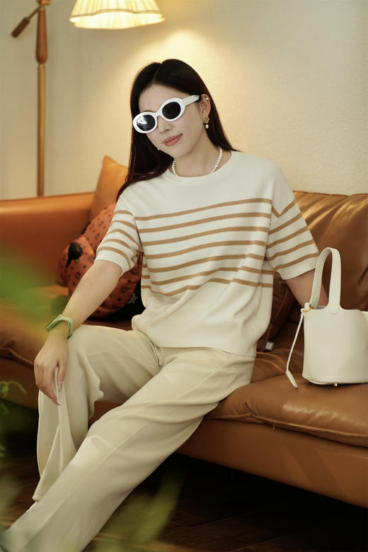 【从简条纹T】臣禾圆领短袖针织T恤JZ241090109【金猪甄选】 商品图3