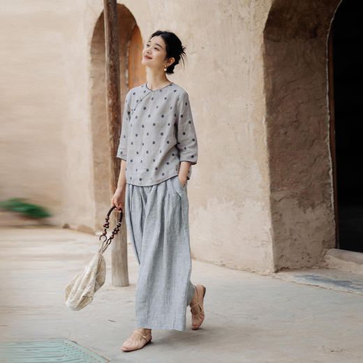 绽放427-429朵/新中式衬衫&连衣裙色织亚麻波点国风斜襟盘扣小衫 商品图3