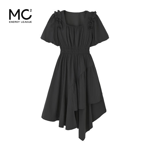 肩部花边抽皱不规则下摆收腰A型连衣裙 商品图3