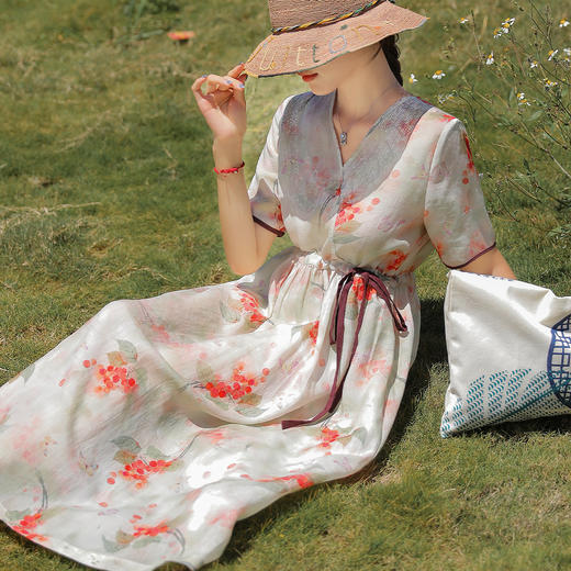 高端苎麻印花连衣裙大摆裙YM-S188 商品图3