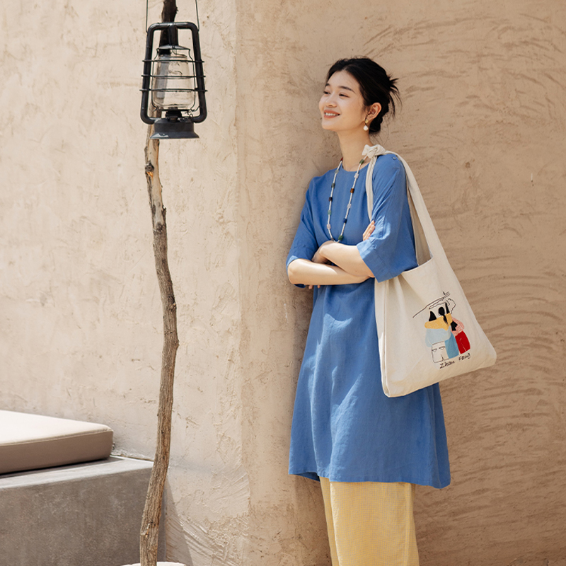 绽放旅行女装178朵新款女文艺亚麻连衣裙日系叠穿纯色裙子中长款