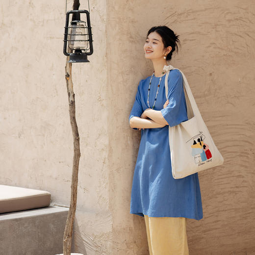 绽放旅行女装178朵新款女文艺亚麻连衣裙日系叠穿纯色裙子中长款 商品图0