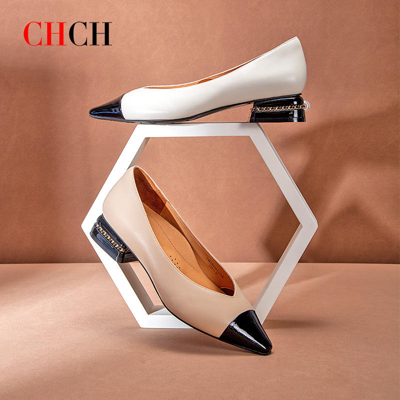 小香风优雅尖头24春夏CHCH潮牌真皮平底浅口平衡鞋单鞋女鞋