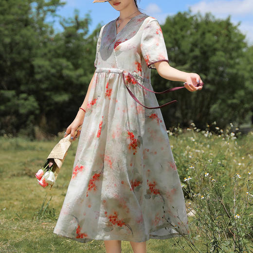 高端苎麻印花连衣裙大摆裙YM-S188 商品图0