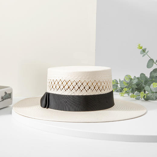 雀说 春夏日本纸草镂空平顶草帽时尚蝴蝶结装饰遮阳帽4ZF-32155A 商品图1