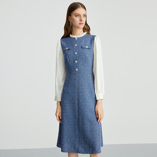 EITIE爱特爱气质小香风蓝色显瘦假两件木耳领秋季连衣裙新款C2407420 商品图1