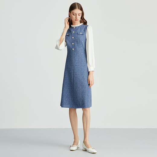 EITIE爱特爱气质小香风蓝色显瘦假两件木耳领秋季连衣裙新款C2407420 商品图3