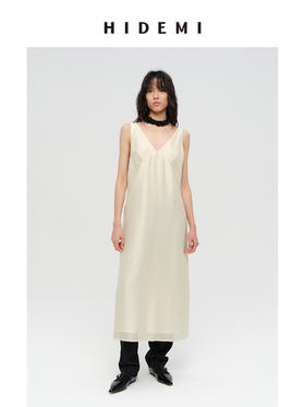 HIDEMI 极简设计感V领立体剪裁廓形茧型宽肩带露背式双层薄纱感连衣裙 奶油白/炭灰色