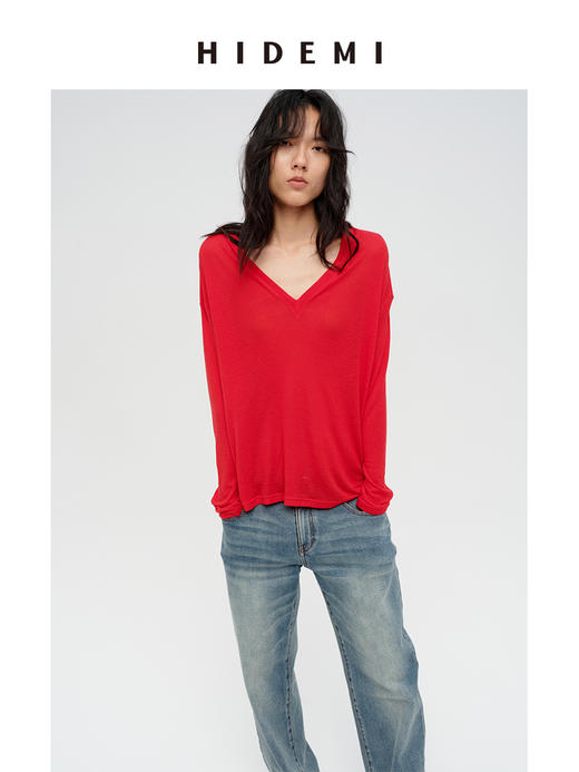 HIDEMI 极简V领大廓形轻柔皮肤衣系列宽松慵懒设计感可再生纤维面膜上衣长袖T恤 商品图6