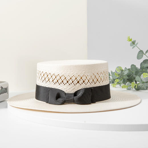 雀说 春夏日本纸草镂空平顶草帽时尚蝴蝶结装饰遮阳帽4ZF-32155A 商品图5