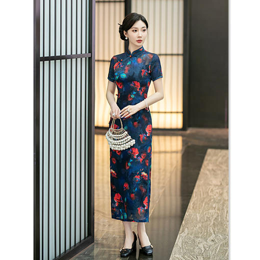 老上海复古中国风长款短袖旗袍2024夏新款改良中式中老年旗袍SYK582471 商品图3