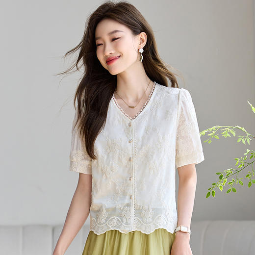 新中式国风短袖衬衫，V领气质刺绣上衣CC- J701 商品图2