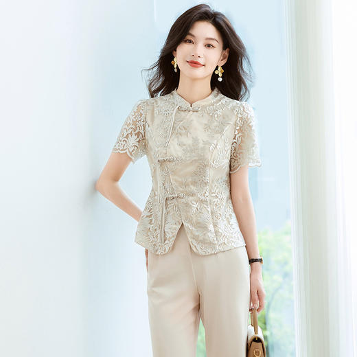 气质优雅网纱提花短袖国风复古小衫直筒裤套装QYM-TB-FD1353-Y 商品图3