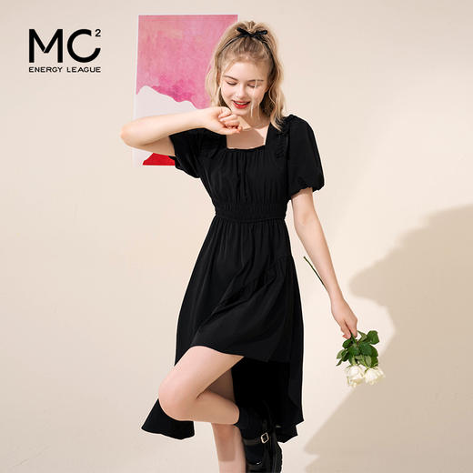 肩部花边抽皱不规则下摆收腰A型连衣裙 商品图1