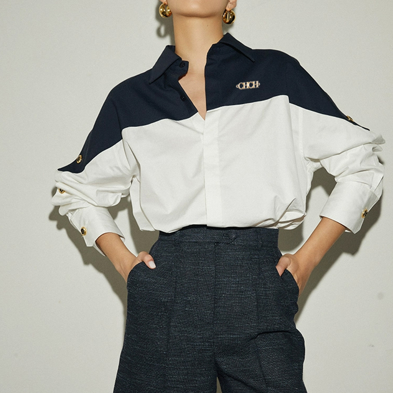 CHCH女衬衫品牌设计纽扣对比拼接女衬衫气质时尚长袖衬衫女上衣